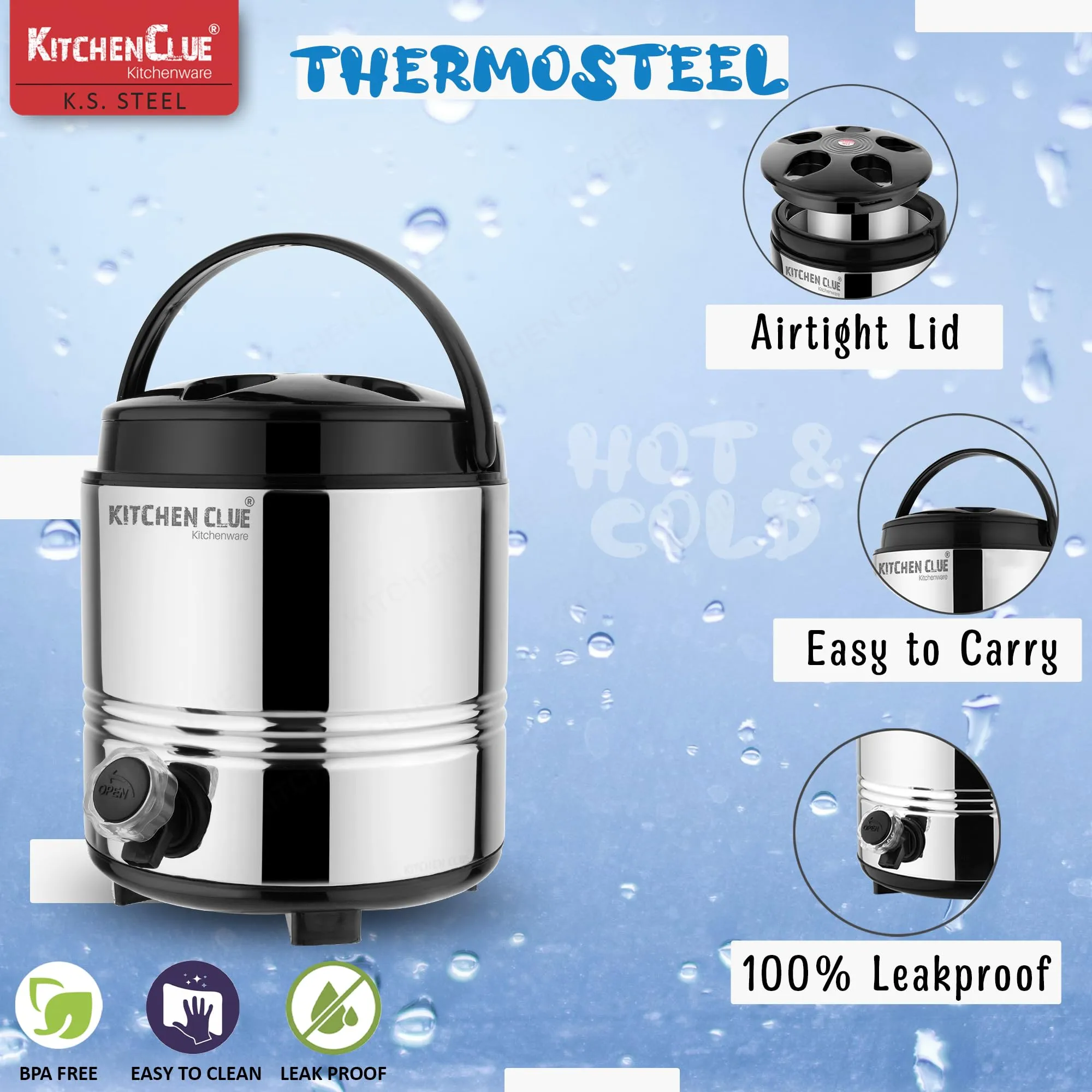 Kitchen Clue Stainless Steel Hot Tea Flask 3 Liter for Kitchen Office I Winter Edition I Aqua-4 I HOT & Cold Upto 4-5 Hrs I Lightweight & Easy to Carry I Ideal for Water/Tea/Coffee