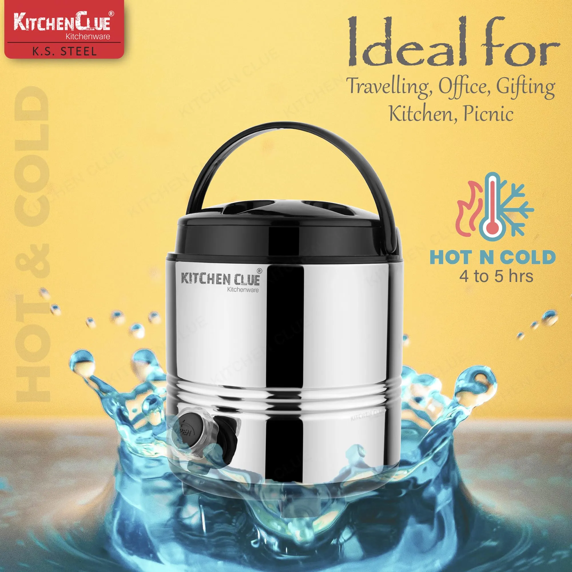 Kitchen Clue Stainless Steel Hot Tea Flask 3 Liter for Kitchen Office I Winter Edition I Aqua-4 I HOT & Cold Upto 4-5 Hrs I Lightweight & Easy to Carry I Ideal for Water/Tea/Coffee