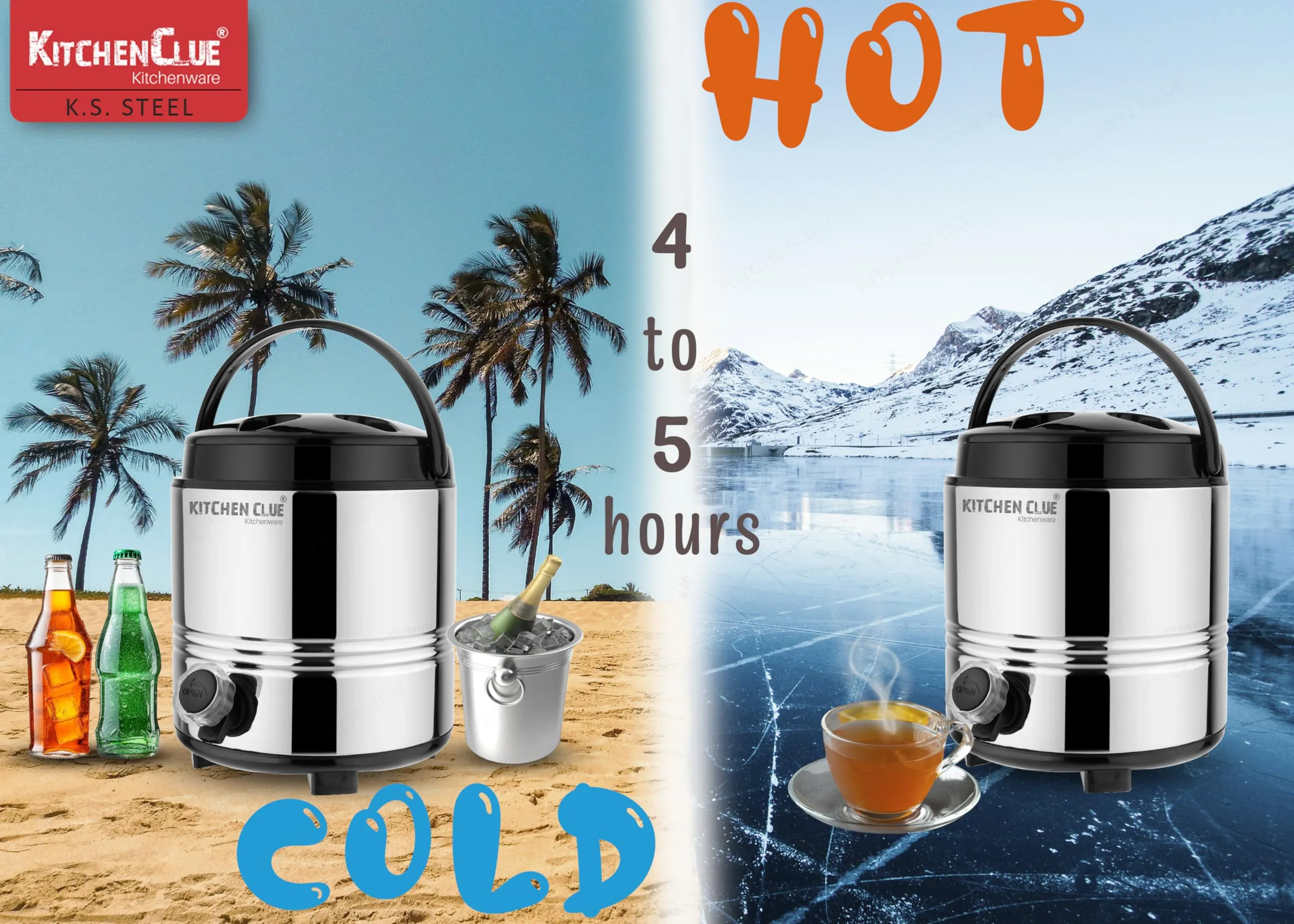 Kitchen Clue Stainless Steel Hot Tea Flask 3 Liter for Kitchen Office I Winter Edition I Aqua-4 I HOT & Cold Upto 4-5 Hrs I Lightweight & Easy to Carry I Ideal for Water/Tea/Coffee