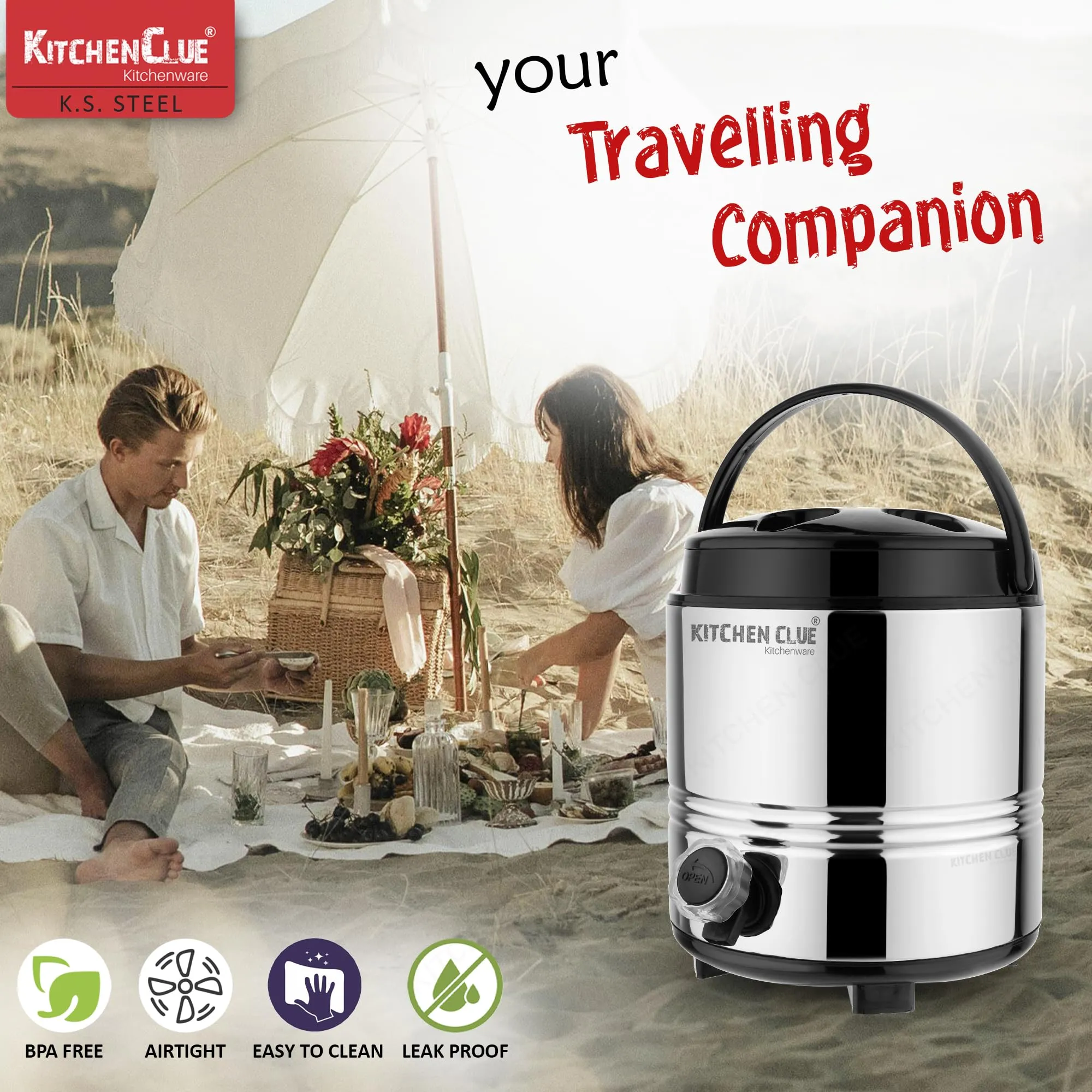 Kitchen Clue Stainless Steel Hot Tea Flask/Carafe with Airtight Lid (Capacity-3 Liters) PUF Insulated Water Camper with Leak-Proof Tap I HOT & Cold Upto 4-5 Hrs I Kitchen Water Dispenser/Container