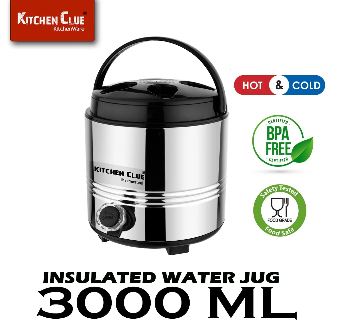 KITCHEN CLUE Stainless Steel PUF Insulated Hot Tea Jug I 3 Liters I Thermosteel Vacuum Insulated 4-5 Hours Hot or Cold Carafe I Ideal for Tea | Coffee | Juice | Water (3 Liters)