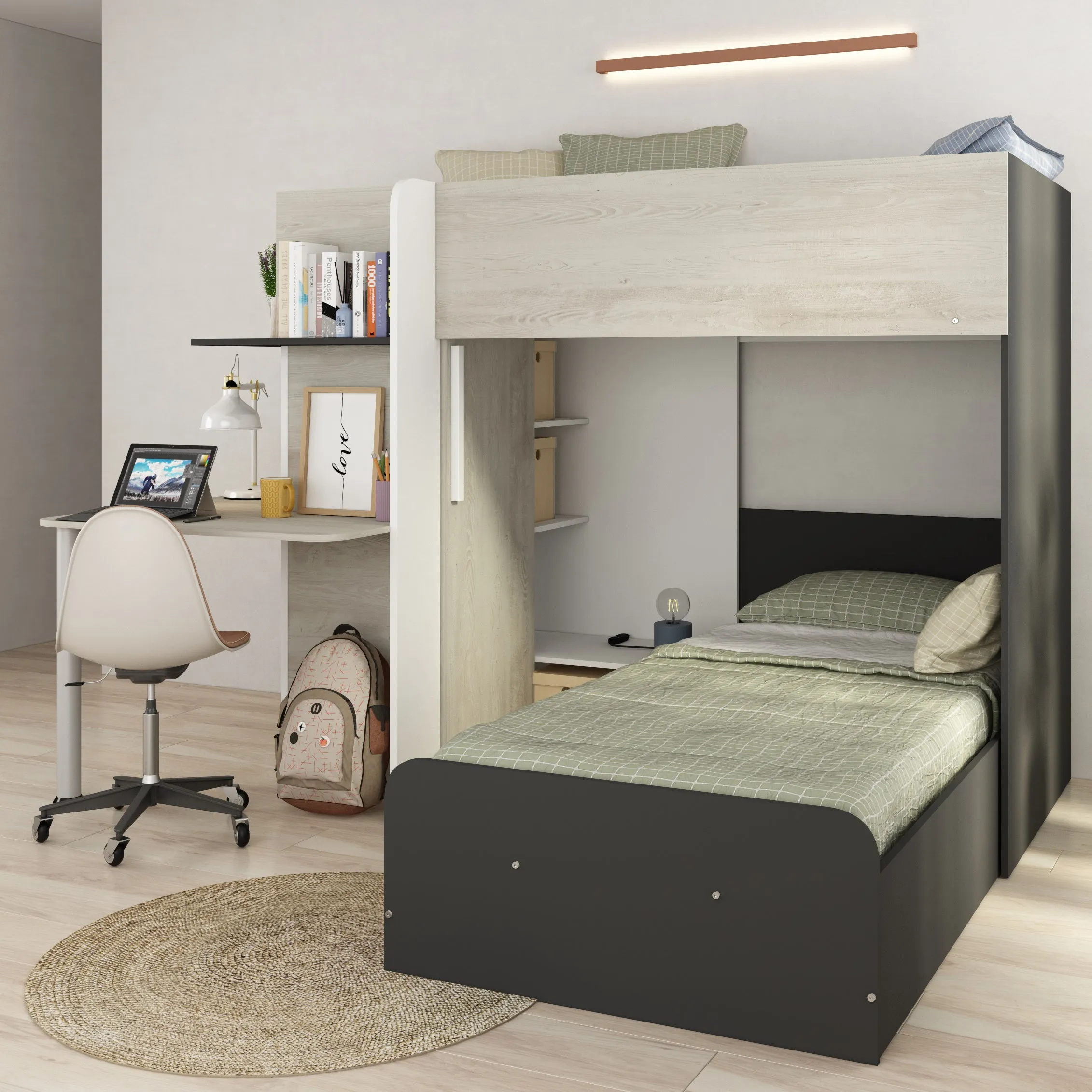 L-Shaped Bunk Bed with Built in Wardrobe, Desk & Storage Palatino Trasman