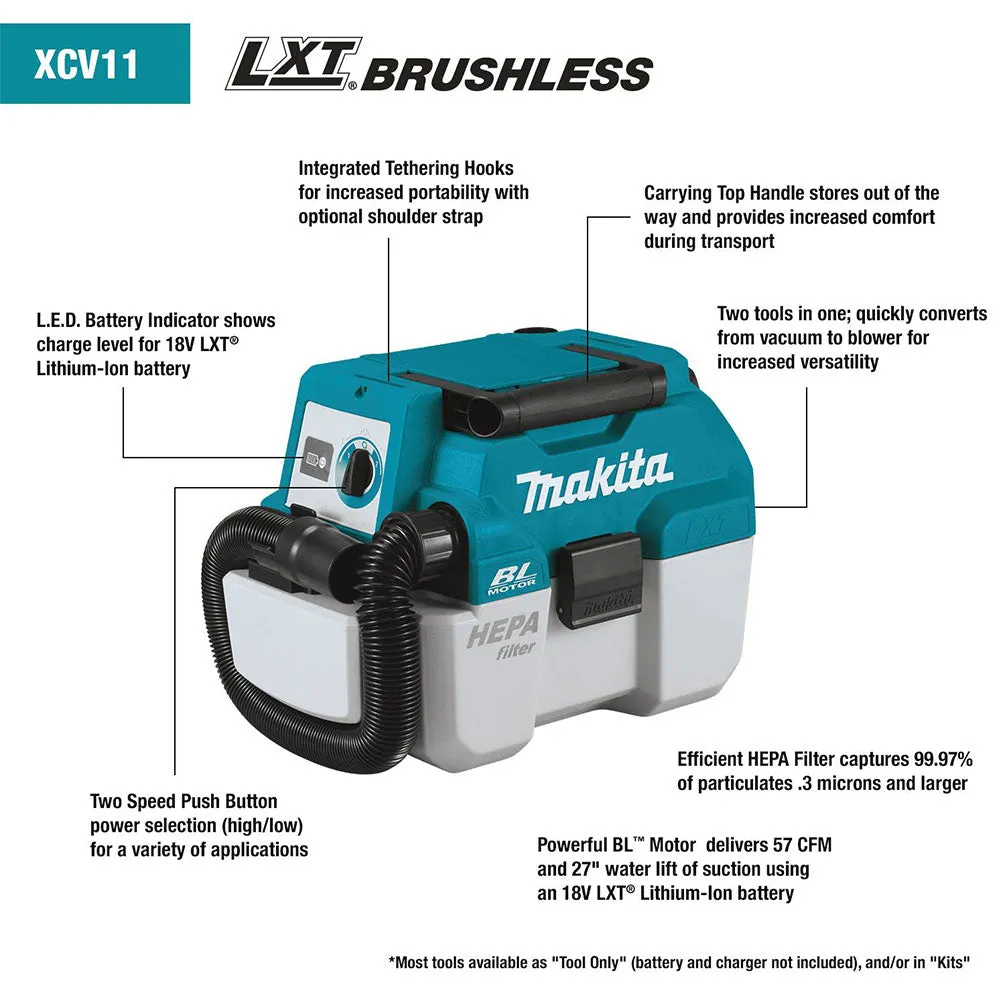 Makita XCV11Z 18 Volt 2 Gallon Brushless Wet/Dry Dust Extractor/Vacuum,Bare Tool