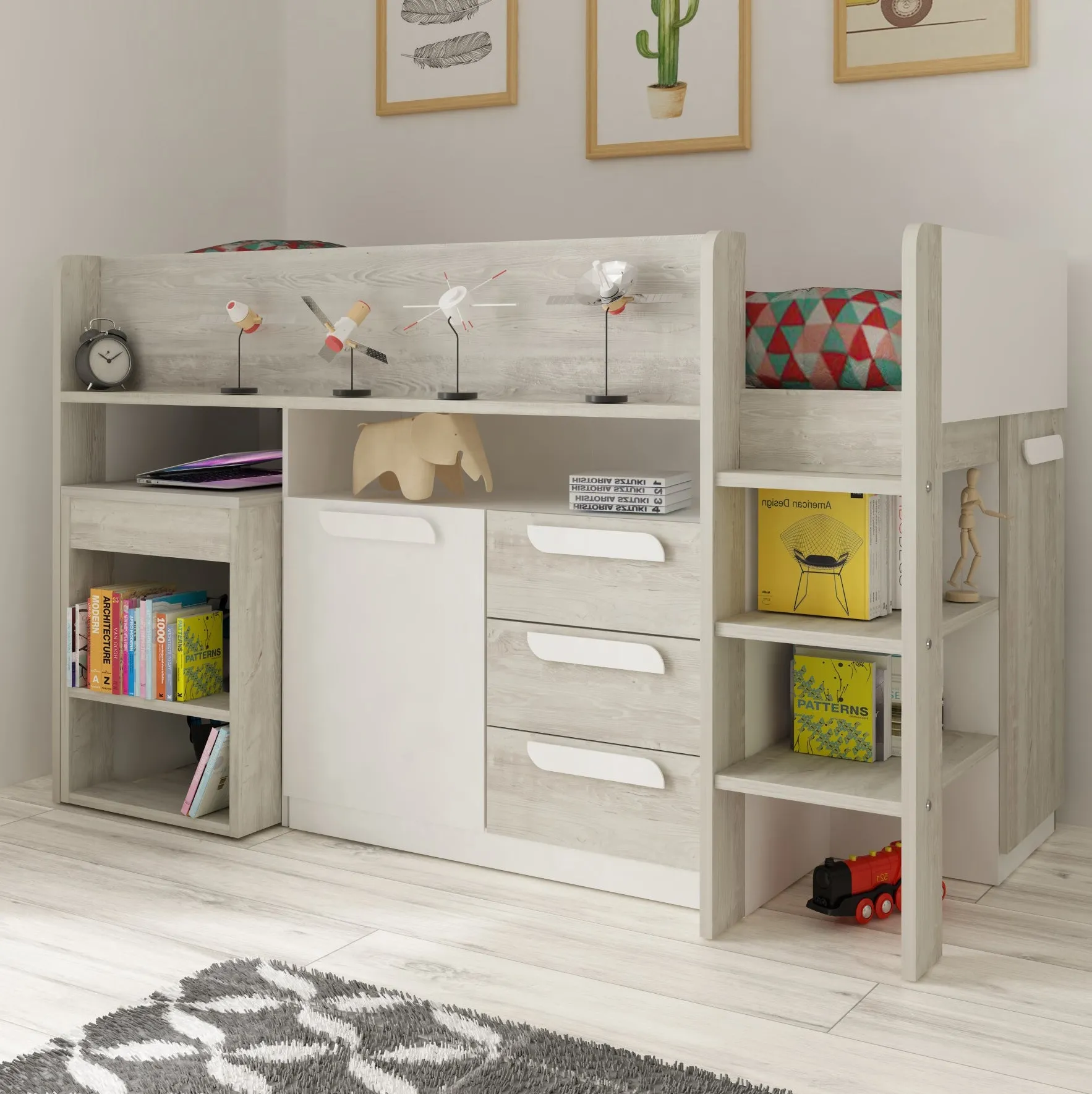 Midsleeper Bed with Desk & Storage, Trasman White Girona