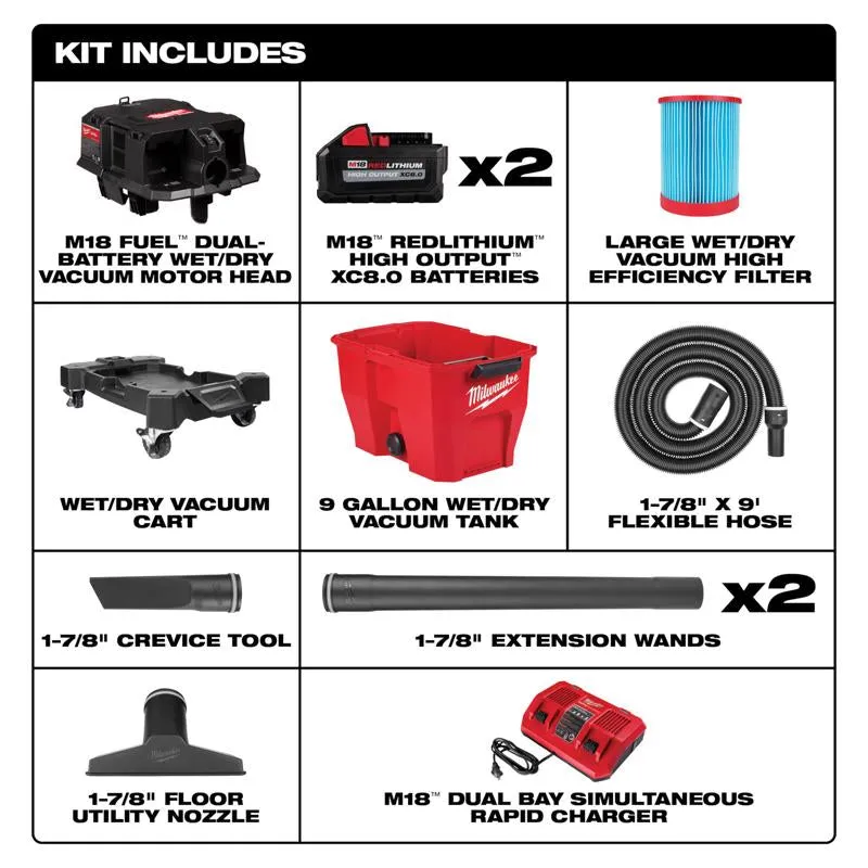 Milwaukee M18 FUEL 0920-22HD 9 gal Cordless Wet/Dry Vacuum Kit Kit (Battery & Charger) 18 V 4.25 HP