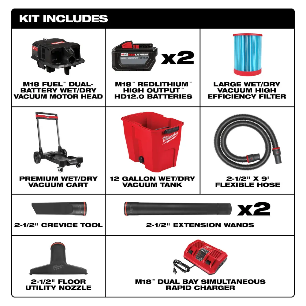 Milwaukee M18 Fuel 12 Gallon Dual-Battery Wet and Dry Vacuum Kit