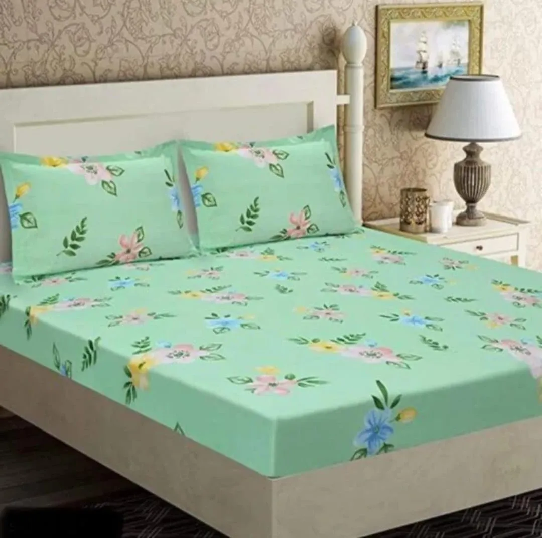 MKS Homes Cotton Feel All Around Elastic Fitted Glace Printed King Size Double Bed Bedsheet with 2 Large Pillow Covers Fits Upto Mattress of 8 Inches,Size - 72 x 78 x 10 Inches- Green