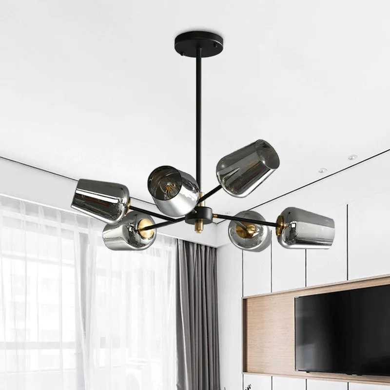 Modern Cup Shaped Chandelier with Clear/Smoke Gray Glass, 6/9 Lights, Black Suspension Lamp for Bedrooms