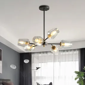 Modern Cup Shaped Chandelier with Clear/Smoke Gray Glass, 6/9 Lights, Black Suspension Lamp for Bedrooms