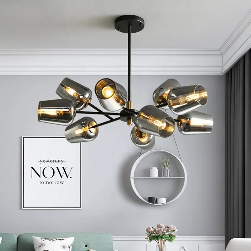 Modern Cup Shaped Chandelier with Clear/Smoke Gray Glass, 6/9 Lights, Black Suspension Lamp for Bedrooms