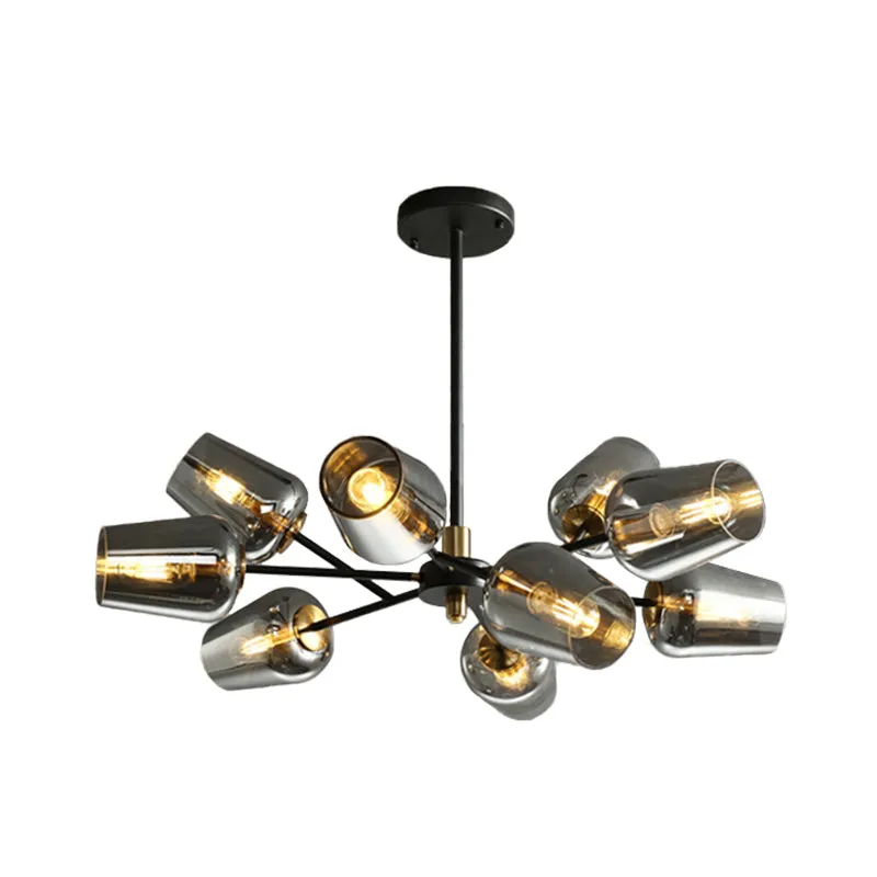 Modern Cup Shaped Chandelier with Clear/Smoke Gray Glass, 6/9 Lights, Black Suspension Lamp for Bedrooms