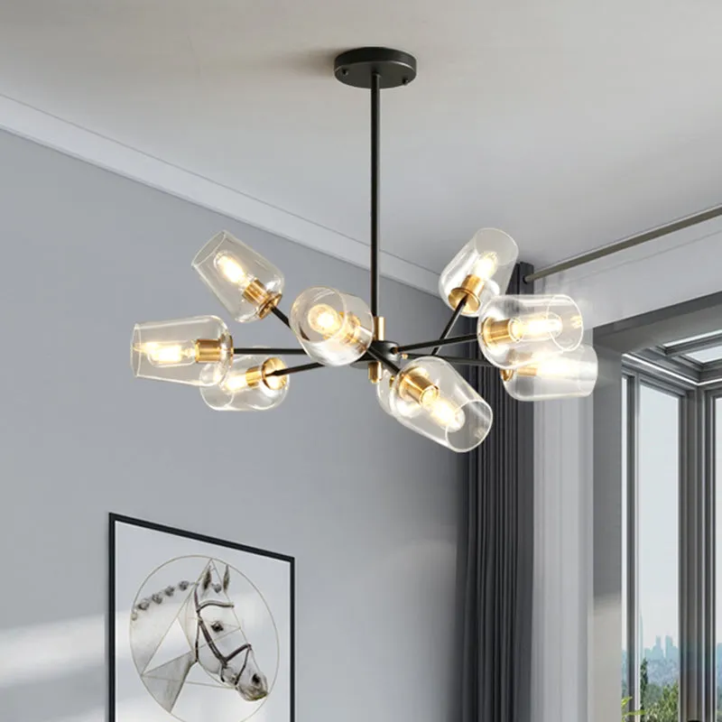 Modern Cup Shaped Chandelier with Clear/Smoke Gray Glass, 6/9 Lights, Black Suspension Lamp for Bedrooms