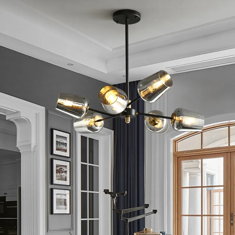 Modern Cup Shaped Chandelier with Clear/Smoke Gray Glass, 6/9 Lights, Black Suspension Lamp for Bedrooms