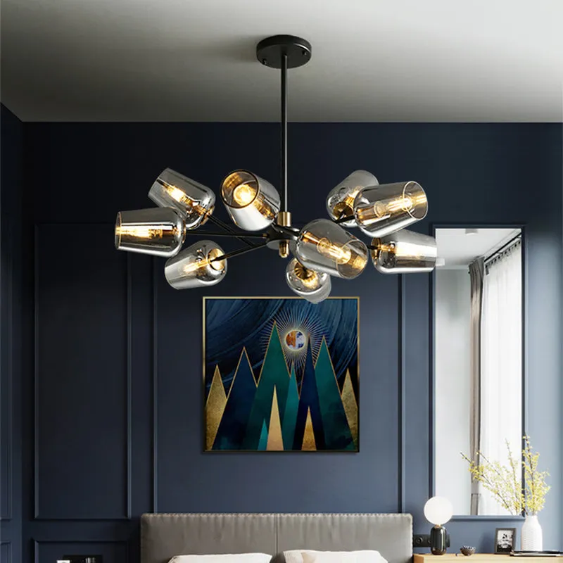 Modern Cup Shaped Chandelier with Clear/Smoke Gray Glass, 6/9 Lights, Black Suspension Lamp for Bedrooms