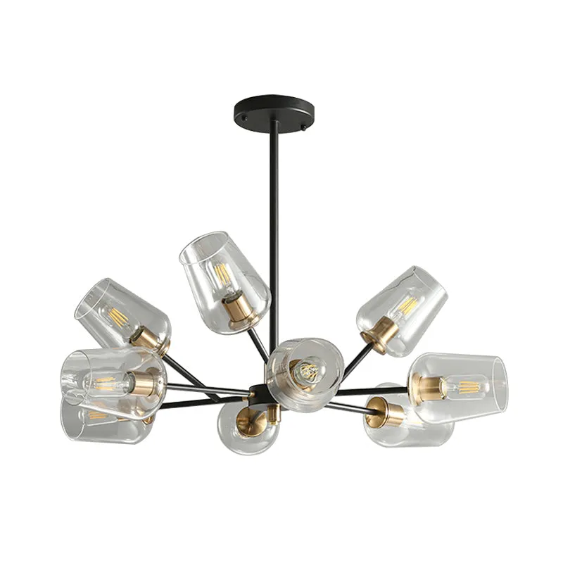 Modern Cup Shaped Chandelier with Clear/Smoke Gray Glass, 6/9 Lights, Black Suspension Lamp for Bedrooms