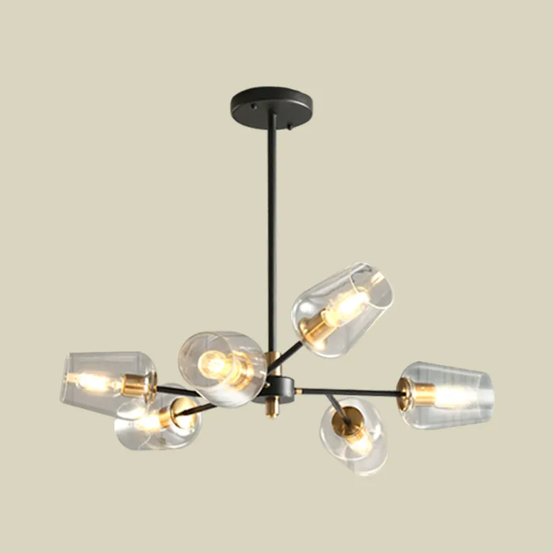 Modern Cup Shaped Chandelier with Clear/Smoke Gray Glass, 6/9 Lights, Black Suspension Lamp for Bedrooms