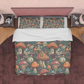 Mushroom Retro Bedding Set, Green Brown Duvet Cover, Funny Plant Quilt Cover, 70s Nostalgia Bedspread, Unique Bed Cover, Zipper Bedding