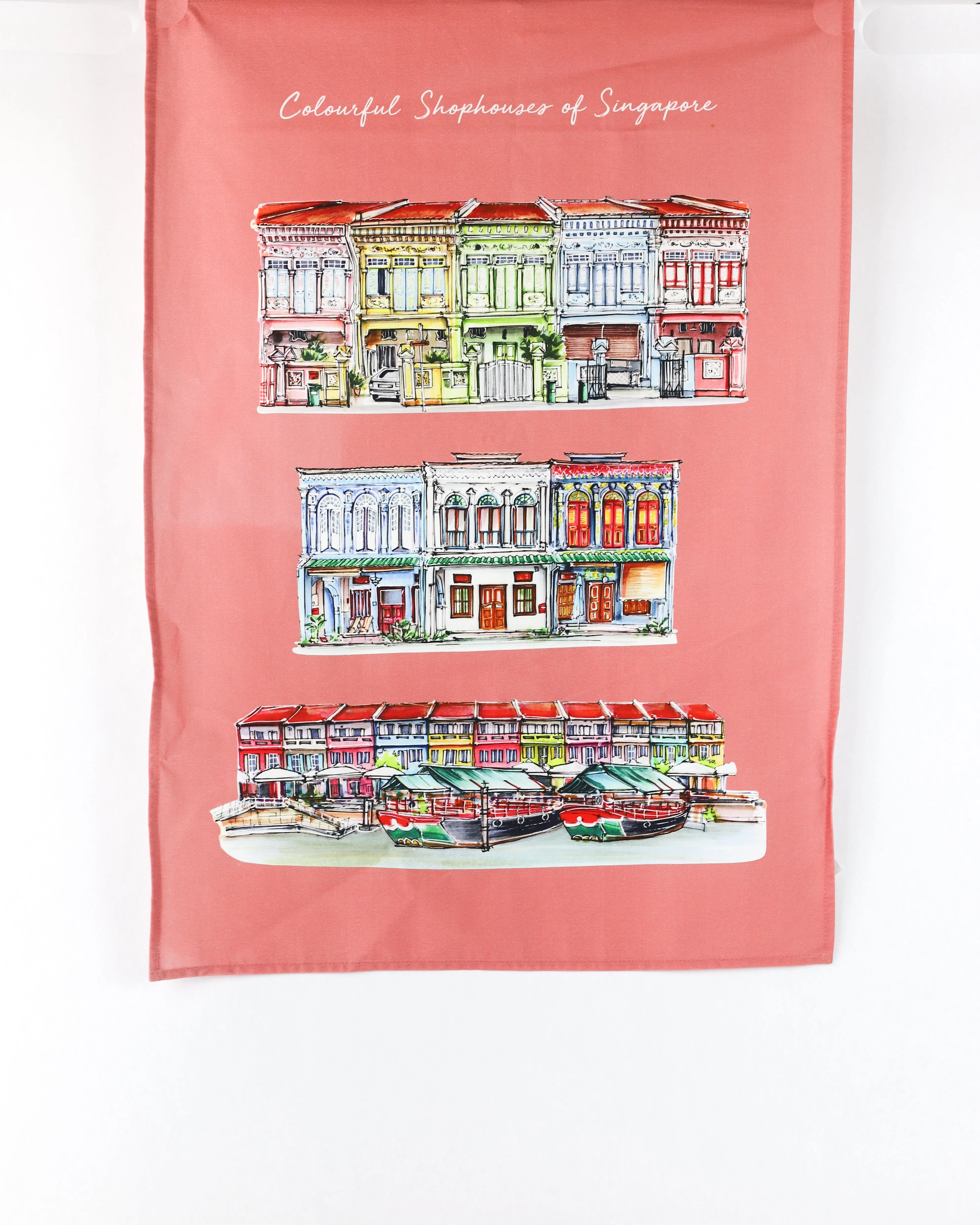 Organic Cotton Red Tea Towel - Colourful Shophouses