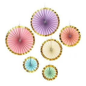 Paper Fan Hanging Decorations with Gold Trim for Ice Cream Parties, Unicorn and Princess Birthdays, Showers, and More (6 Piece Set)