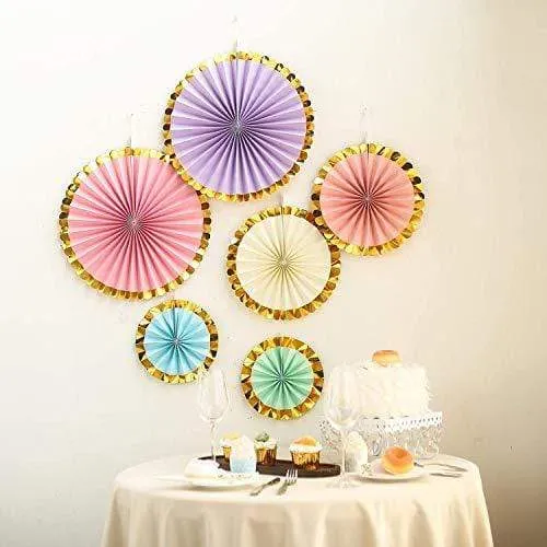 Paper Fan Hanging Decorations with Gold Trim for Ice Cream Parties, Unicorn and Princess Birthdays, Showers, and More (6 Piece Set)