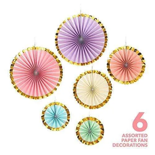 Paper Fan Hanging Decorations with Gold Trim for Ice Cream Parties, Unicorn and Princess Birthdays, Showers, and More (6 Piece Set)