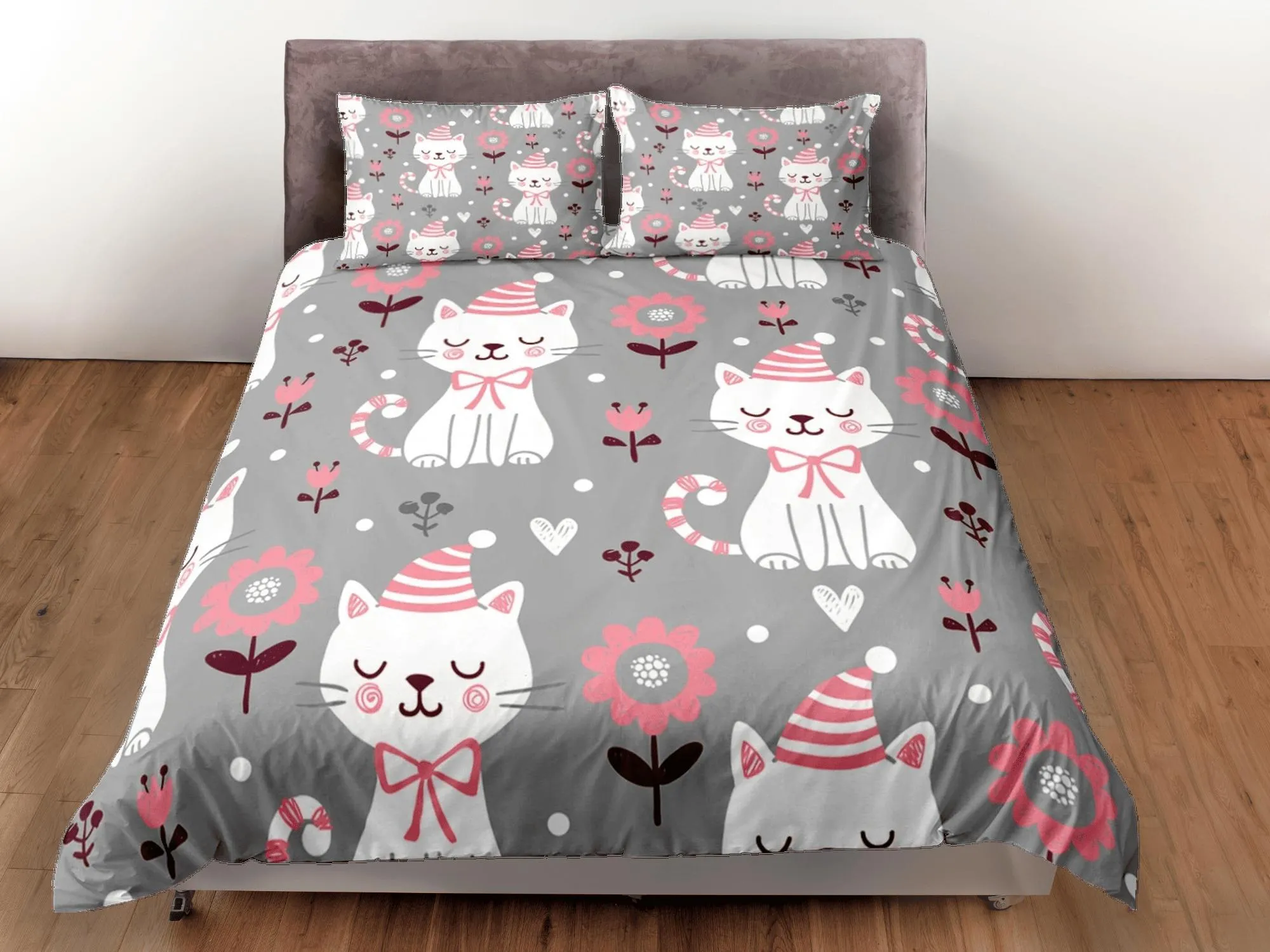 Peaceful white cat bedding grey & pink flowers, toddler bedding, kids duvet cover set, gift for cat lovers, baby bedding, baby shower gift