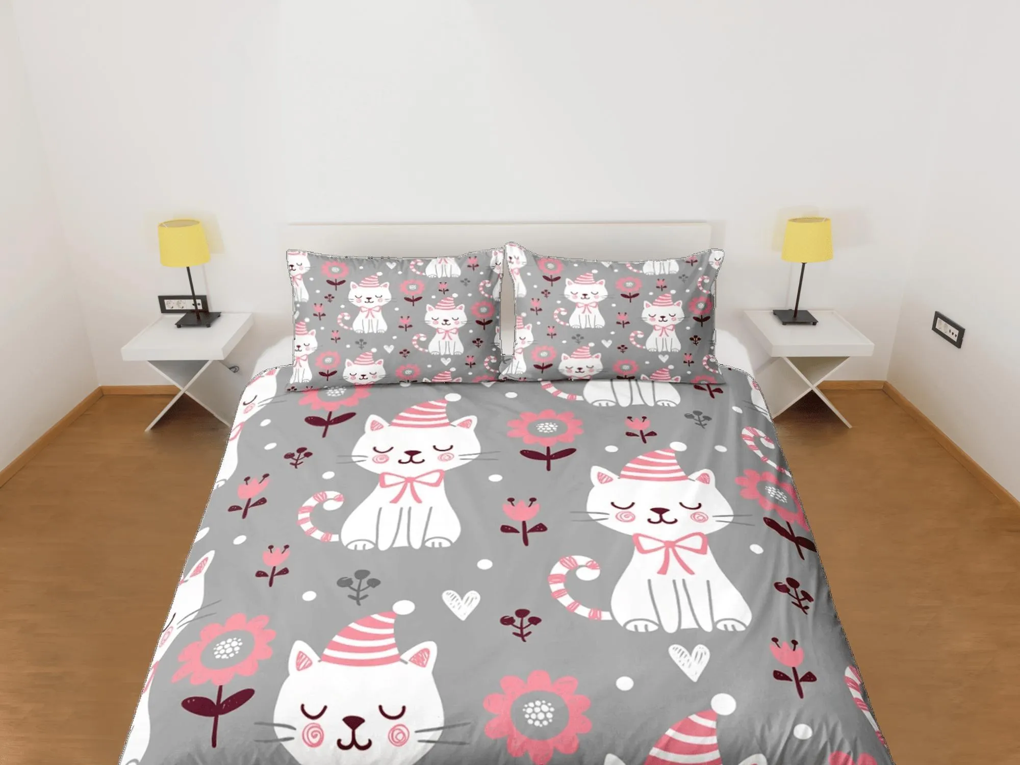 Peaceful white cat bedding grey & pink flowers, toddler bedding, kids duvet cover set, gift for cat lovers, baby bedding, baby shower gift