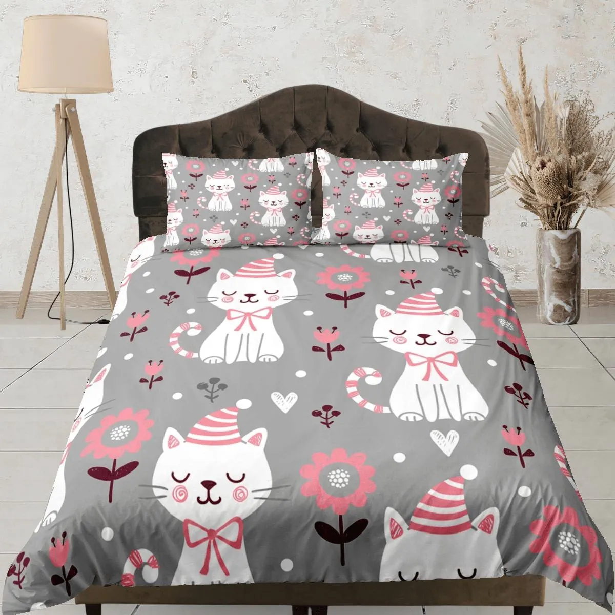 Peaceful white cat bedding grey & pink flowers, toddler bedding, kids duvet cover set, gift for cat lovers, baby bedding, baby shower gift