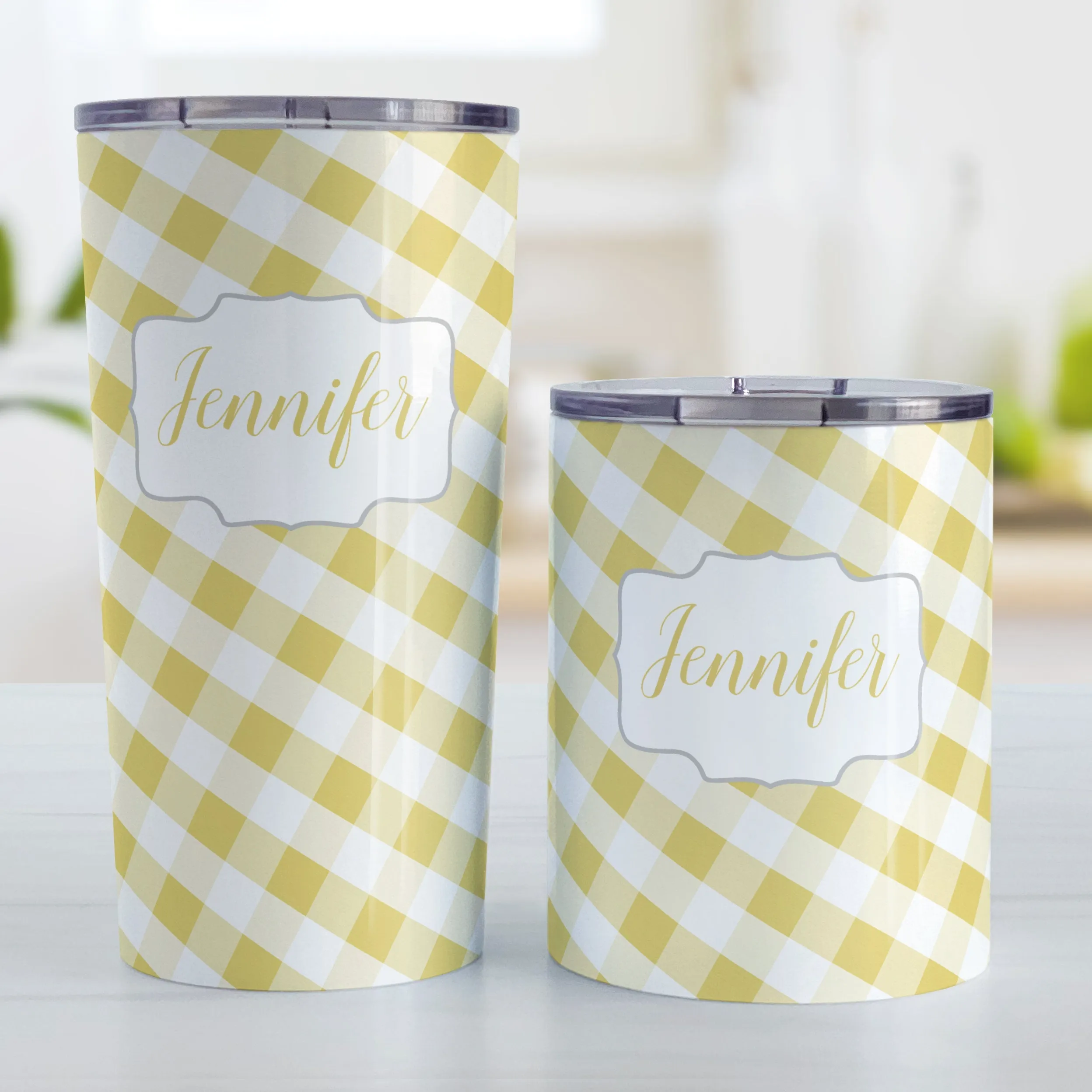 Personalized Yellow Gingham Tumbler Cup