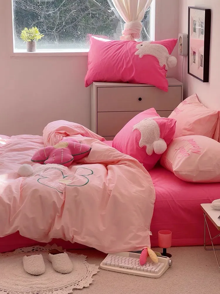 Pink Bunny Emboidered Cotton Bedding Duvet Cover Set Queen King Size Set