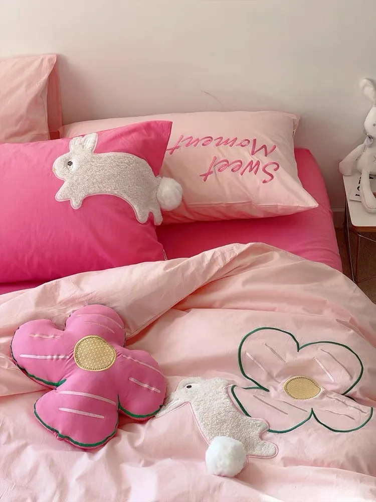 Pink Bunny Emboidered Cotton Bedding Duvet Cover Set Queen King Size Set