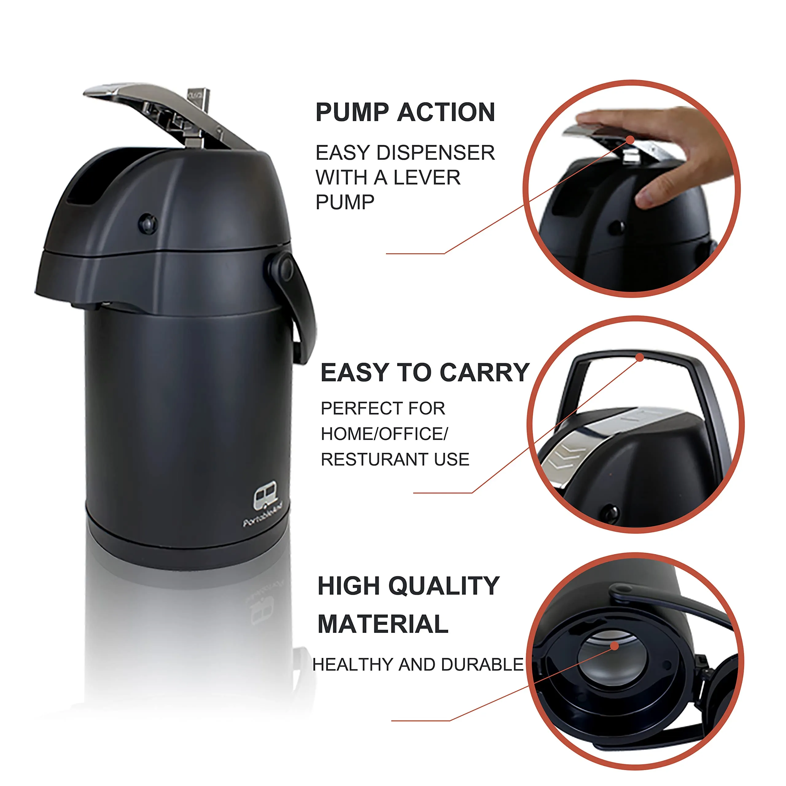 PortableAnd 101 Oz Stainless Steel Double-wall Insulated Vacuum Airpot Thermal Coffee Dispenser with Air Pump, 12 Hour Heat 24 Hour Cold Retention, Matte Charcoal Black Carafe