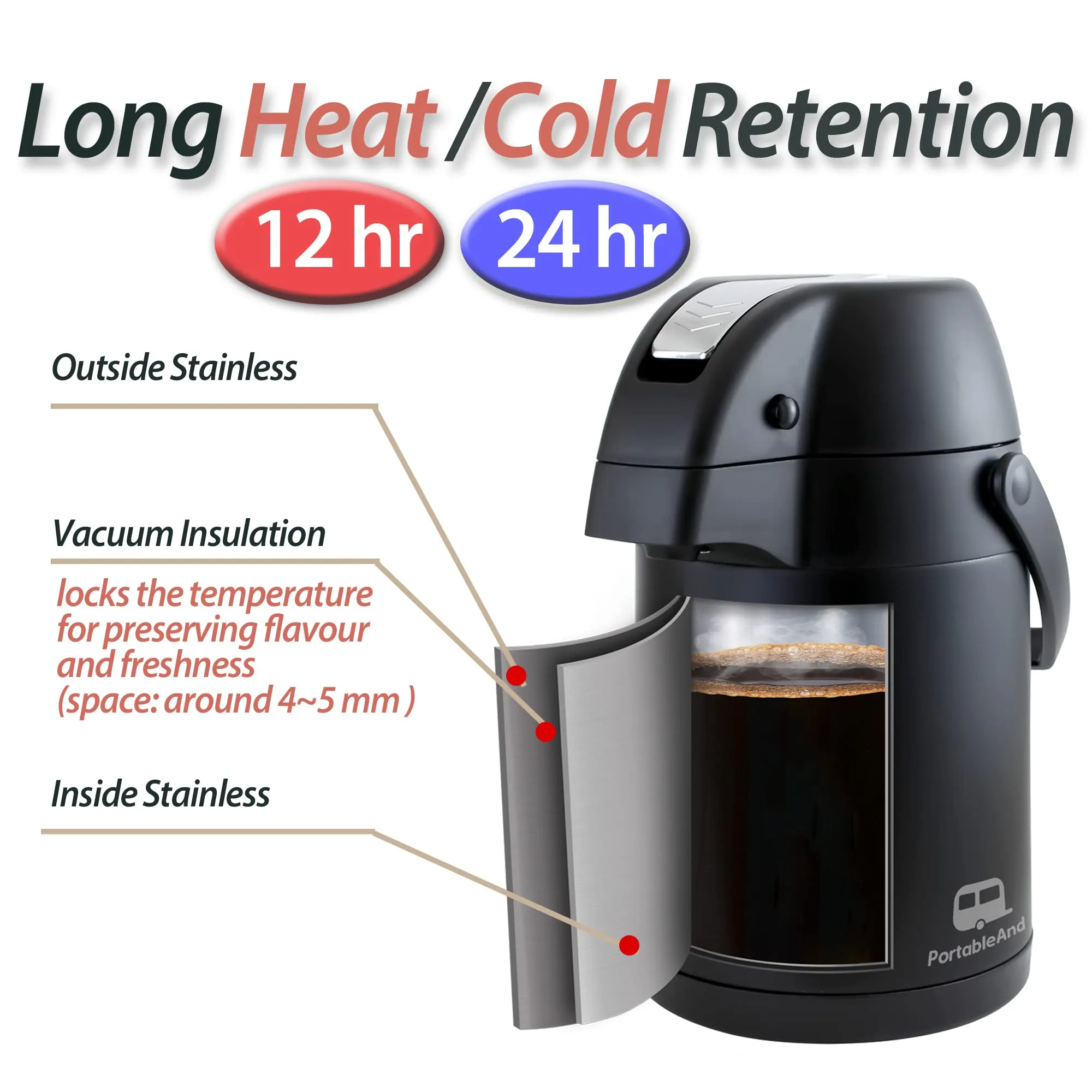 PortableAnd 101 Oz Stainless Steel Double-wall Insulated Vacuum Airpot Thermal Coffee Dispenser with Air Pump, 12 Hour Heat 24 Hour Cold Retention, Matte Charcoal Black Carafe