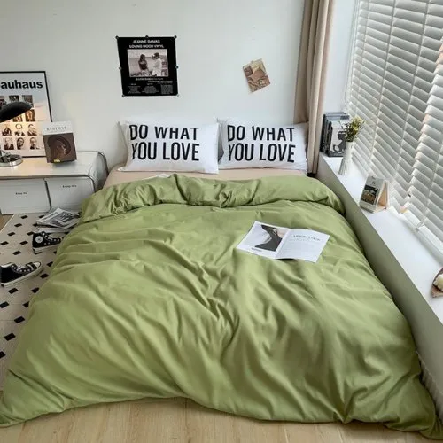 Premium Single Size 4 Pieces Constructor Design with 2 eye-catching pillowcases, Plain Beige Bedsheet and Olive Color Duvet Cover without filler.