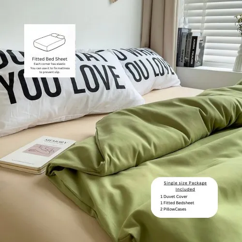 Premium Single Size 4 Pieces Constructor Design with 2 eye-catching pillowcases, Plain Beige Bedsheet and Olive Color Duvet Cover without filler.