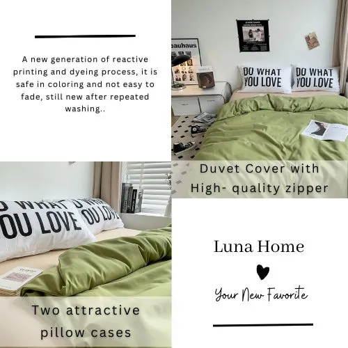 Premium Single Size 4 Pieces Constructor Design with 2 eye-catching pillowcases, Plain Beige Bedsheet and Olive Color Duvet Cover without filler.