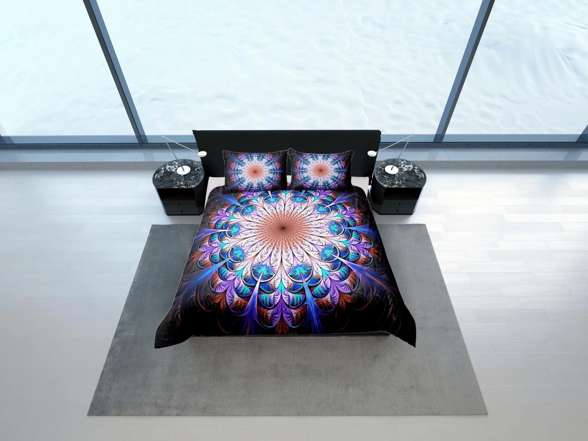 Psychedelic hippie mandala duvet cover boho bedding set full, queen, king, dorm bedding, aesthetic room indian bedspread maximalist decor