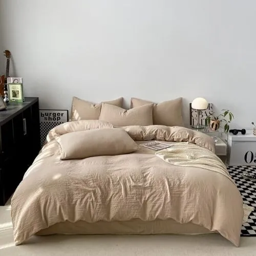 Queen size 6 Pieces bedding Set, Washable Cotton Beige Color.