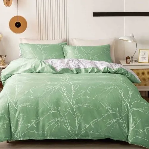 Queen/Double Size 6 Pieces , Reversible Duvet Cover Set, Green Color, Twigs Design