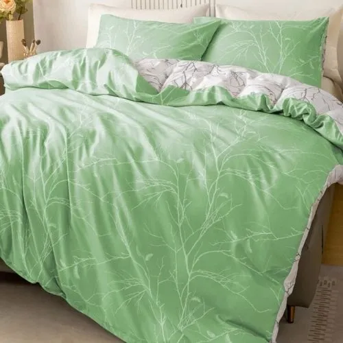 Queen/Double Size 6 Pieces , Reversible Duvet Cover Set, Green Color, Twigs Design