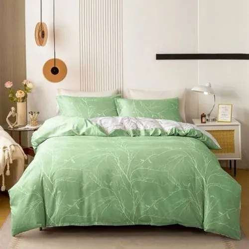 Queen/Double Size 6 Pieces , Reversible Duvet Cover Set, Green Color, Twigs Design