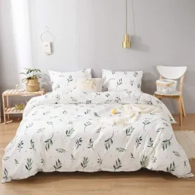 Queen/Double size Bedding Set without filler 6 pieces , Small Green leaves design.