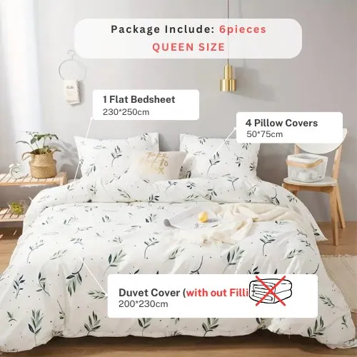 Queen/Double size Bedding Set without filler 6 pieces , Small Green leaves design.