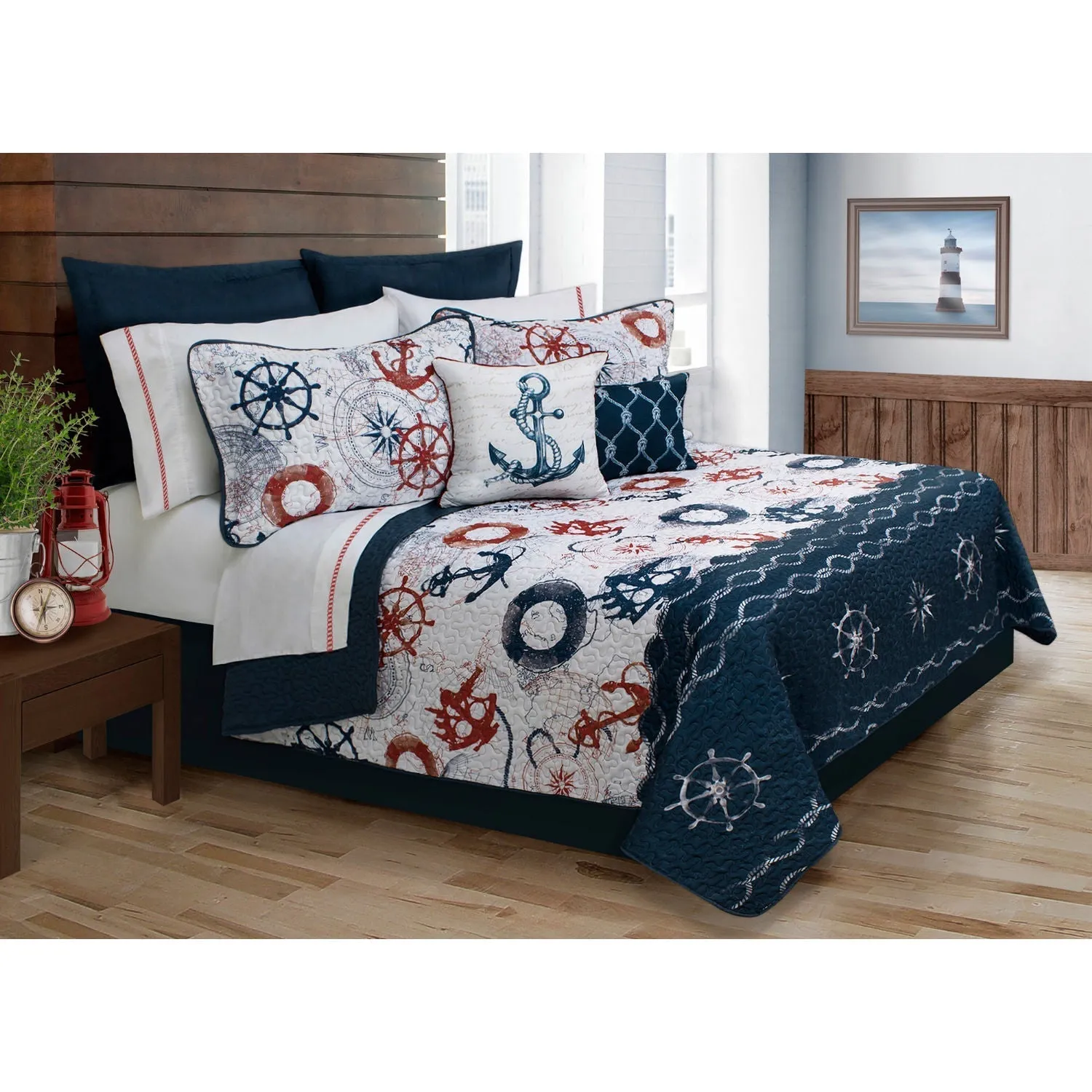 Quilt Bedding Set 5 Piece Woven Microfiber Bay Harbour Double/Queen Navy