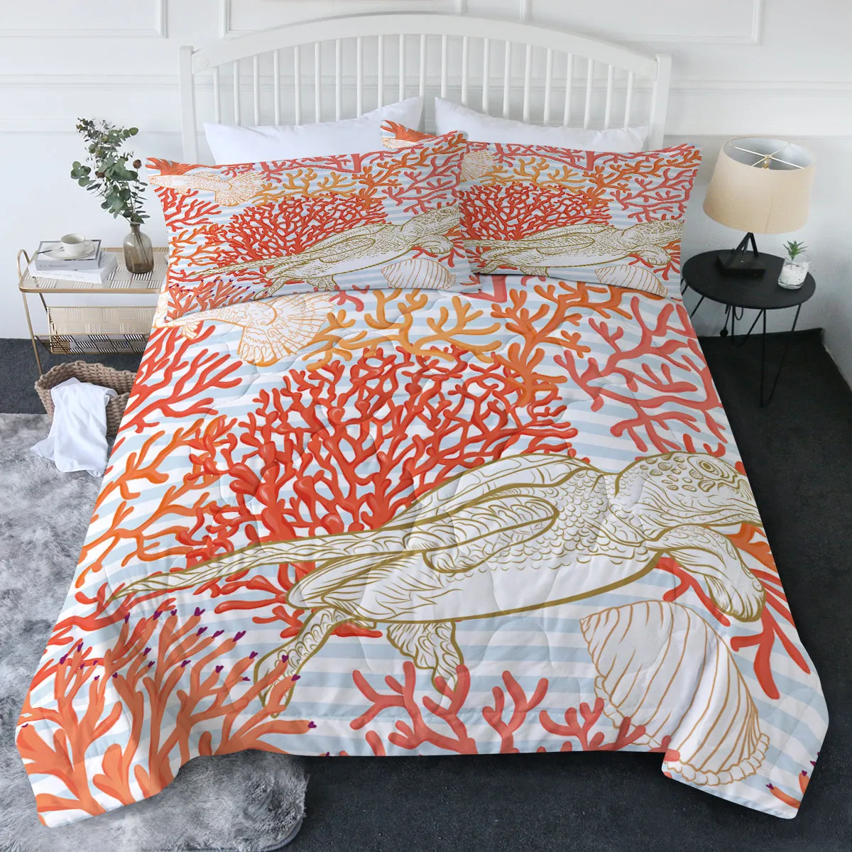 Red Coral Sea Turtle Comforter Set