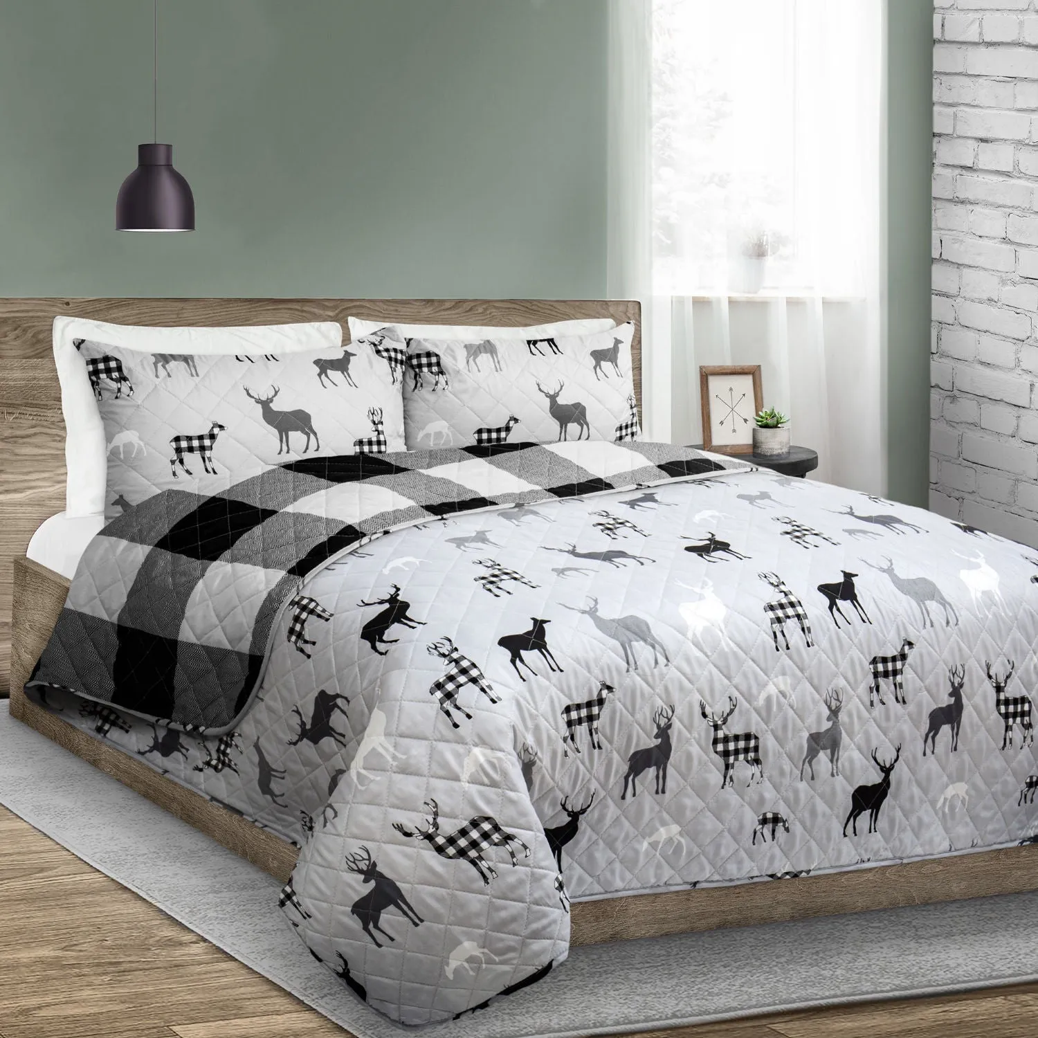 Reversible Printed Quilt Bedding Set 3 Piece Double/Queen 90X90 Grey Deer Ddp