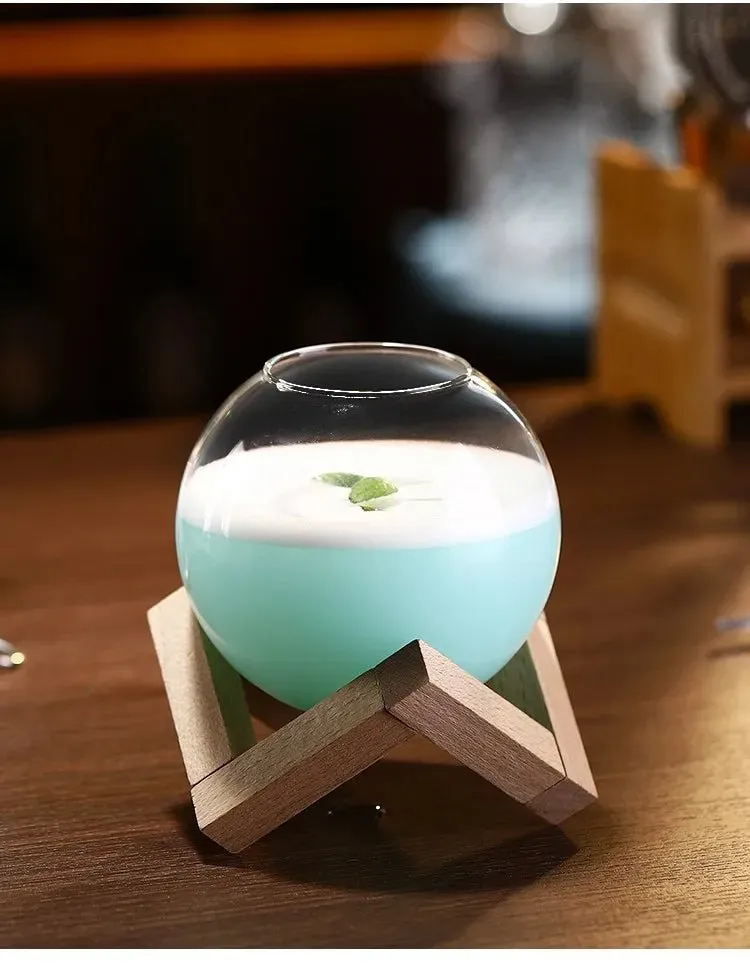 Round Glass Ball Cup with Wooden Frame – Unique Cocktail, Juice, or Wine Glass for Stylish Sipping & Ice Ball Elegance