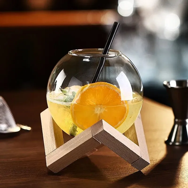 Round Glass Ball Cup with Wooden Frame – Unique Cocktail, Juice, or Wine Glass for Stylish Sipping & Ice Ball Elegance