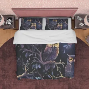 Scary Owl On Midnight Duvet Cover Set, Spooky Darkness Aesthetic Zipper Bedding, Halloween Room Decor, Dark Forest Unique Blanket Cover