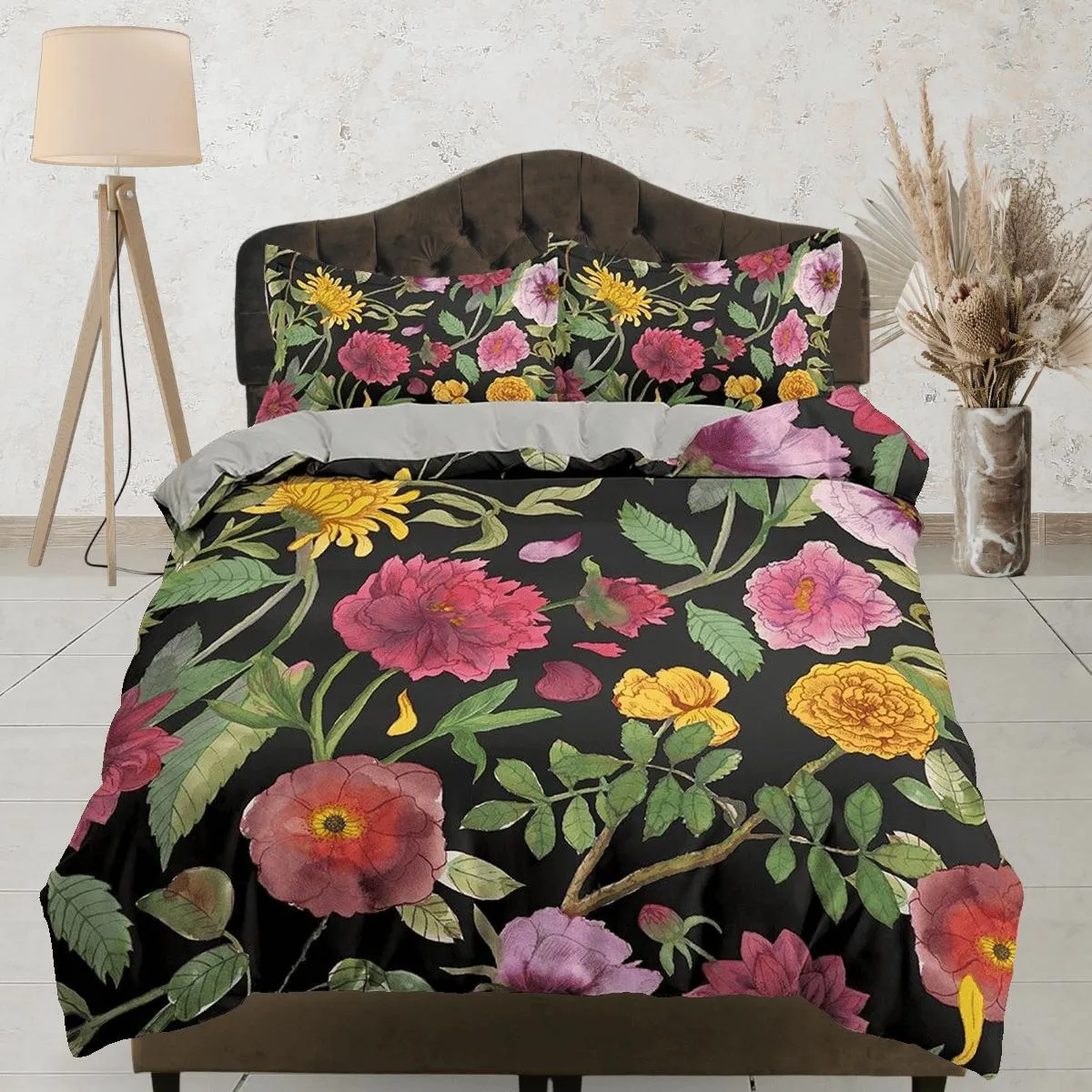 Shabby chic biophilic bedding, floral printed duvet cover queen, king, boho duvet, designer bedding, aesthetic bedding, maximalist decor